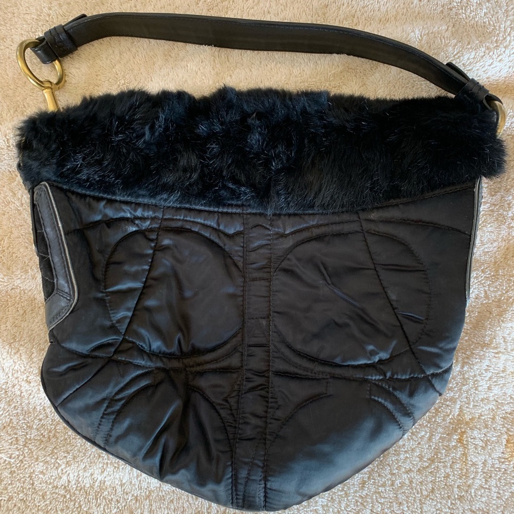 Coach Black Quilted Satin Rabbit Fur Hobo Bag